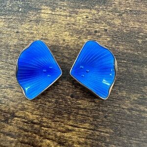 Vintage Ivar Holth Norway 925 Sterling Blue Enamel Fan Shaped Clip on Earrings
